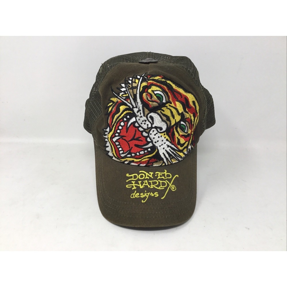 Ed Hardy Military Green Logo Tiger Embroidered SnapBack Cap Christian Audigier